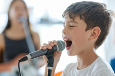 Young boy passionately singing into a microphone during a fun music practice session.
